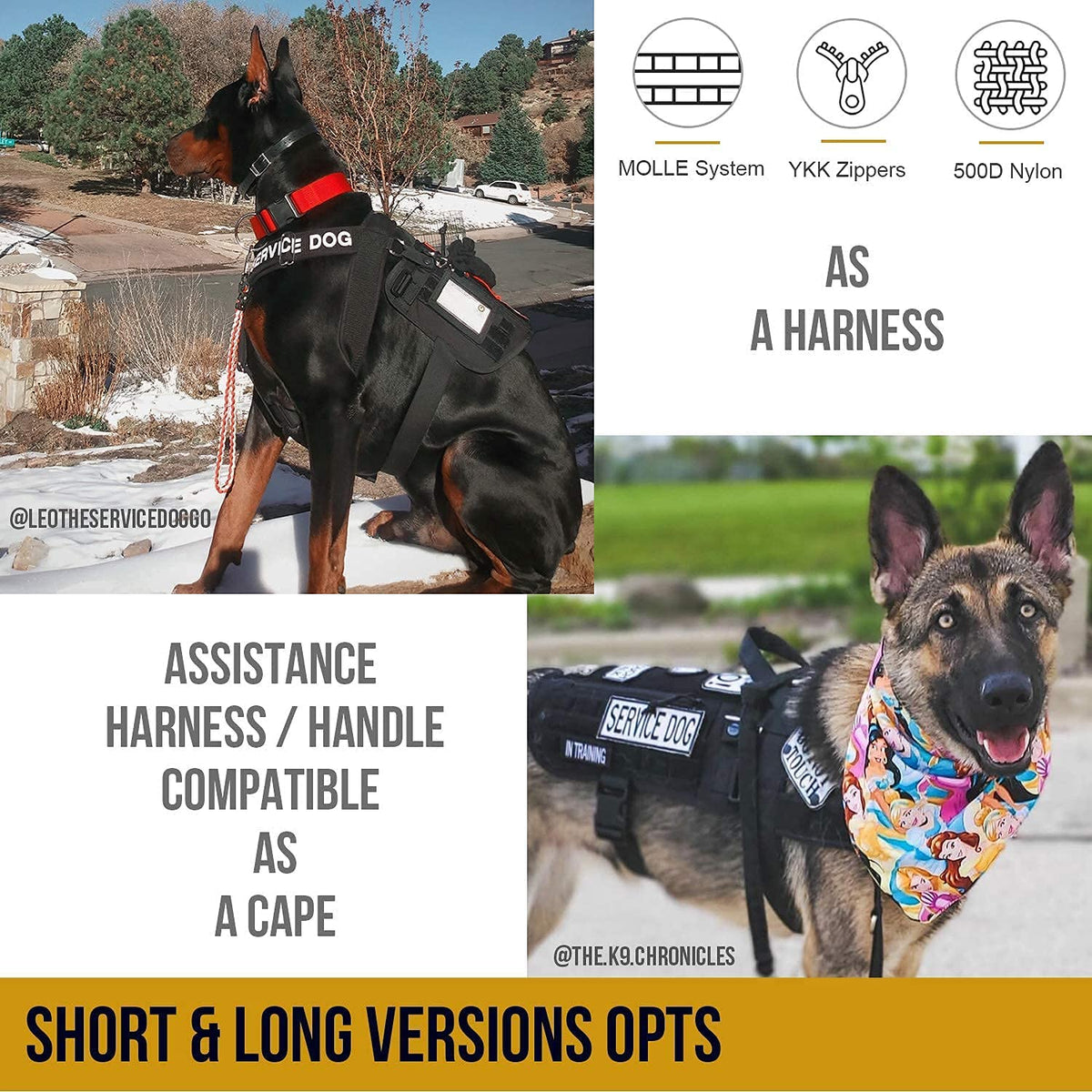 Professional Service Dog Harness for Large Breeds with Removable Neck Strap and Handle (Black, Short Version)