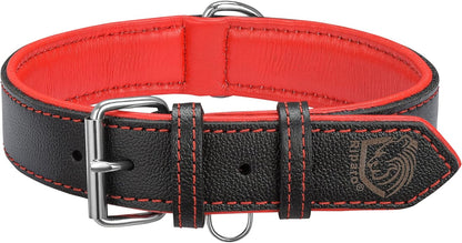 Riparo Genuine Leather Dog Collar for Medium Dogs - 1" Wide, Fits Neck Sizes 13.5”-17.5”, Black with Red Thread