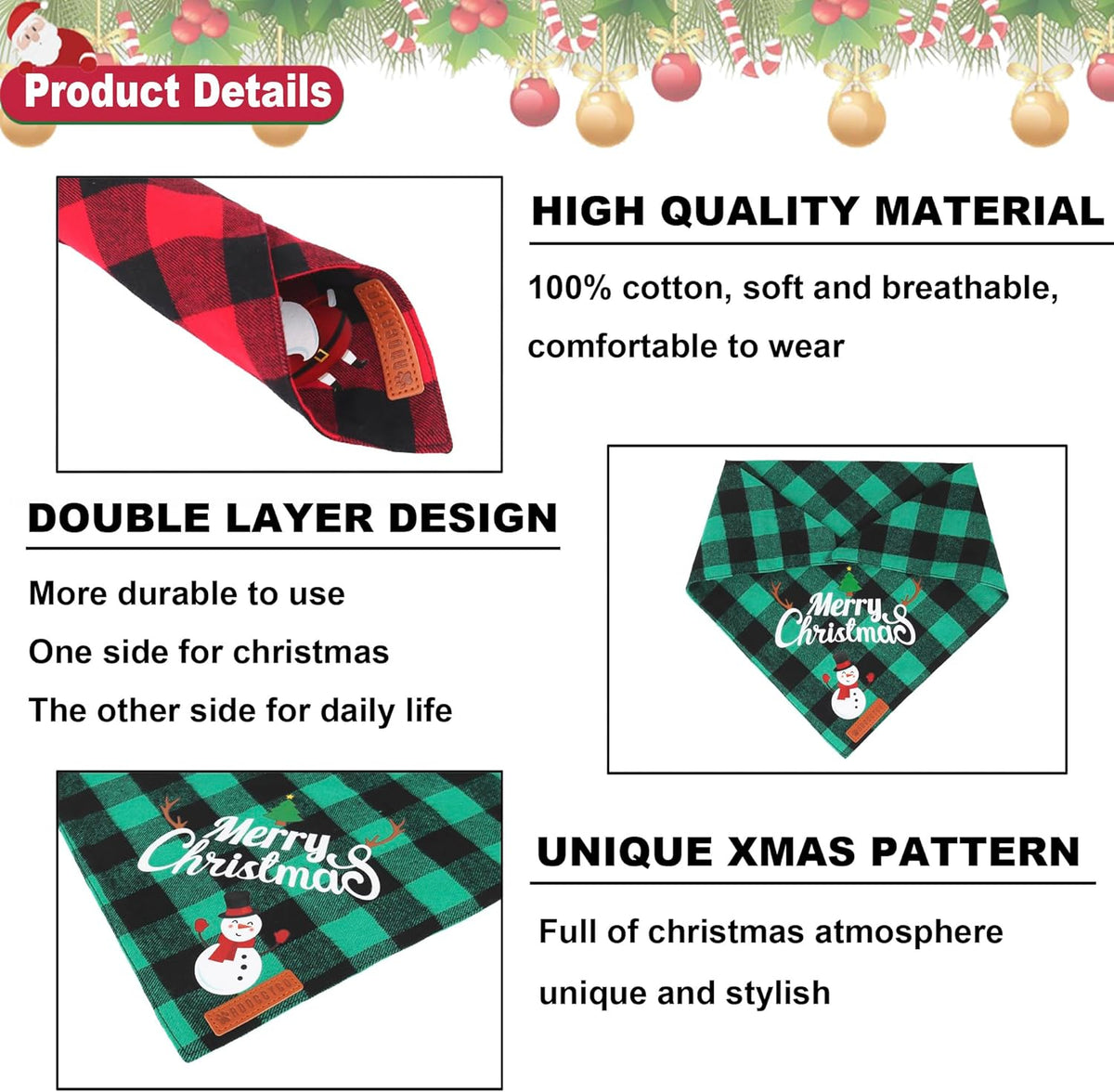 2-Pack Classic Plaid Christmas Dog Bandanas - Triangle Bibs with Santa and Snowman Design for Medium to Large Pets