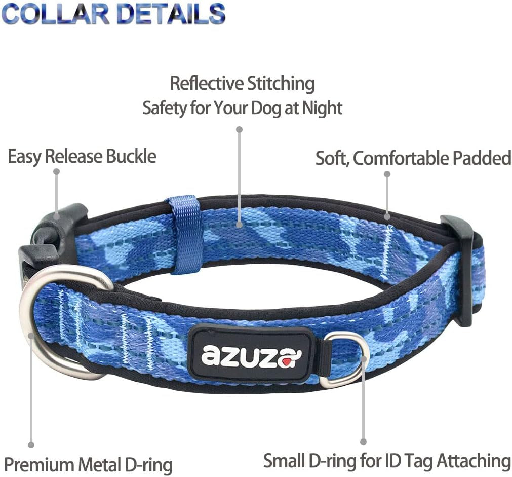 Reflective Blue Camo Dog Collar and Leash Set with AirTag Holder, Padded for Small Dogs