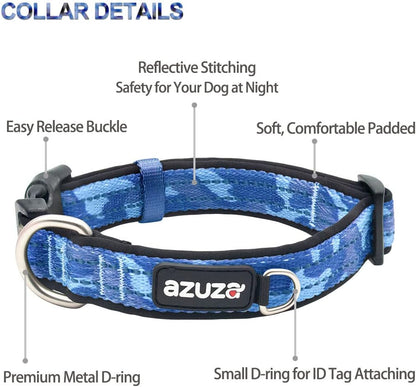 Reflective Blue Camo Dog Collar and Leash Set with AirTag Holder, Padded for Small Dogs