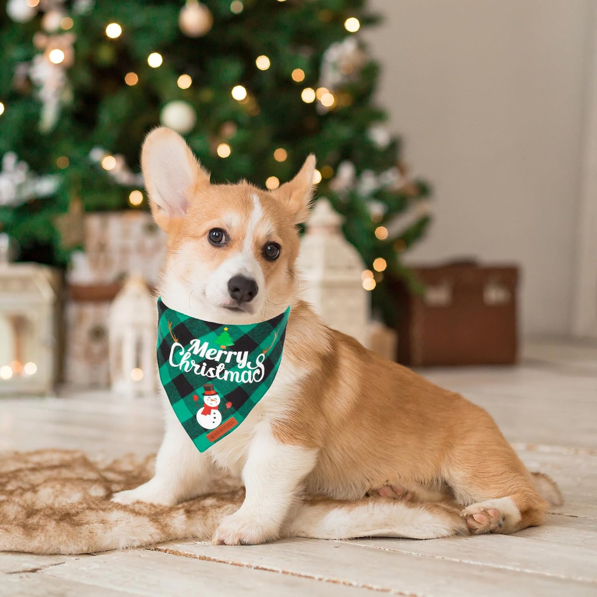 2-Pack Classic Plaid Christmas Dog Bandanas - Triangle Bibs with Santa and Snowman Design for Medium to Large Pets
