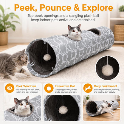 Geometric Collapsible Cat Tunnel with Plush Interior and Interactive Balls, Suitable for Cats, Kittens, Rabbits, Ferrets, and Puppies, Diameter 9.8 Inches