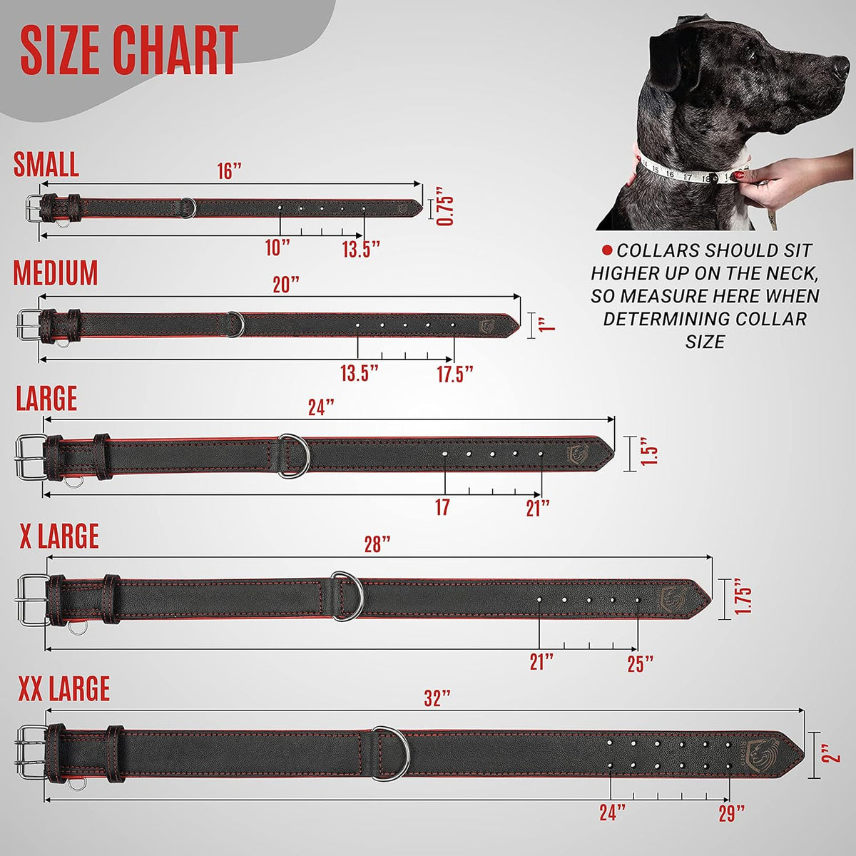 Riparo Genuine Leather Dog Collar for Medium Dogs - 1" Wide, Fits Neck Sizes 13.5”-17.5”, Black with Red Thread