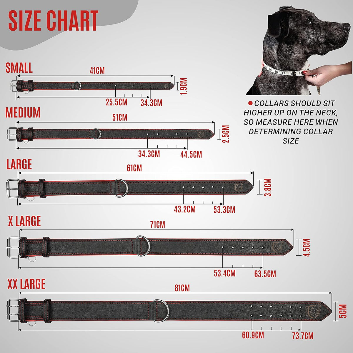 Riparo Genuine Leather Dog Collar for Medium Dogs - 1" Wide, Fits Neck Sizes 13.5”-17.5”, Black with Red Thread