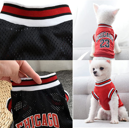 Dog Basketball Jersey - Stylish Cotton T-Shirt for Large, Medium, and Small Dogs, Including Chihuahuas and Yorkies, in Blue and Red, Size Large (Back: 13.78 in, Chest: 18.9 in)