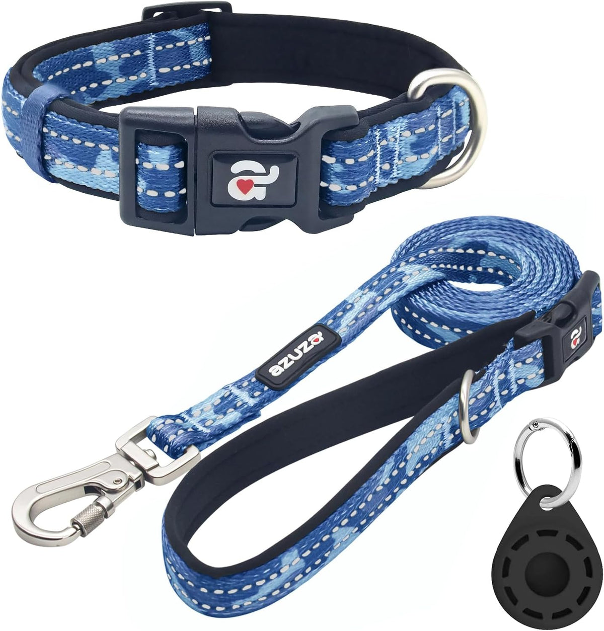 Reflective Blue Camo Dog Collar and Leash Set with AirTag Holder, Padded for Small Dogs
