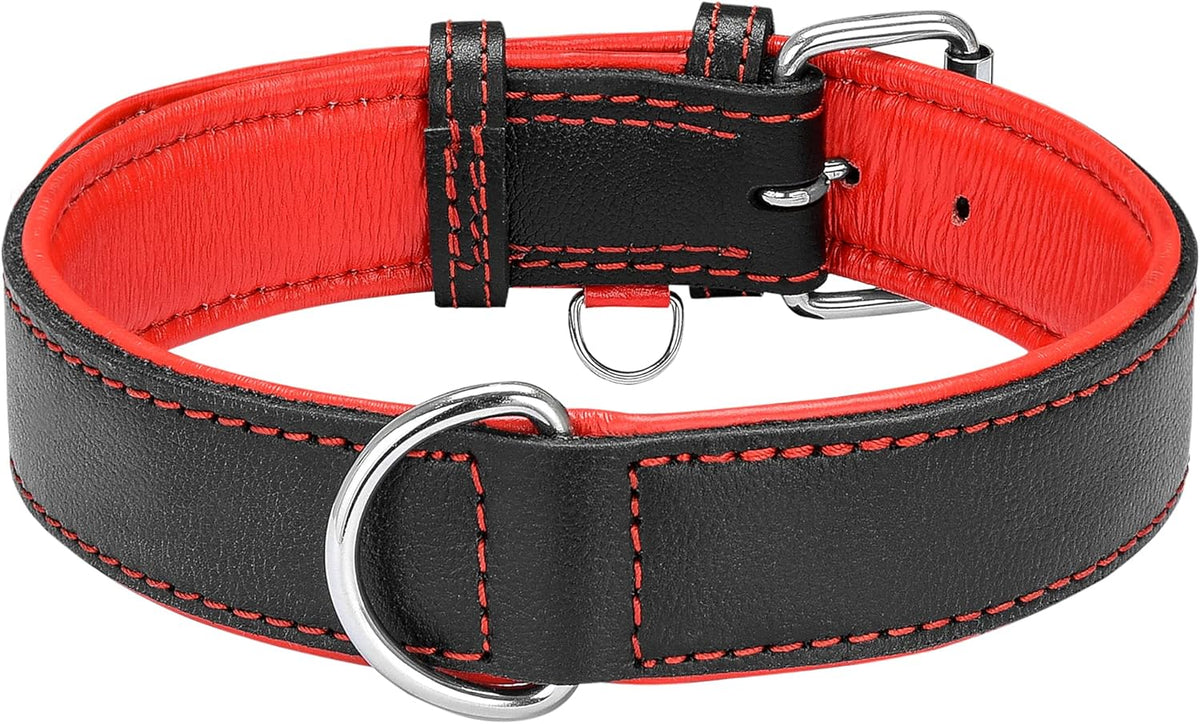 Riparo Genuine Leather Dog Collar for Medium Dogs - 1" Wide, Fits Neck Sizes 13.5”-17.5”, Black with Red Thread