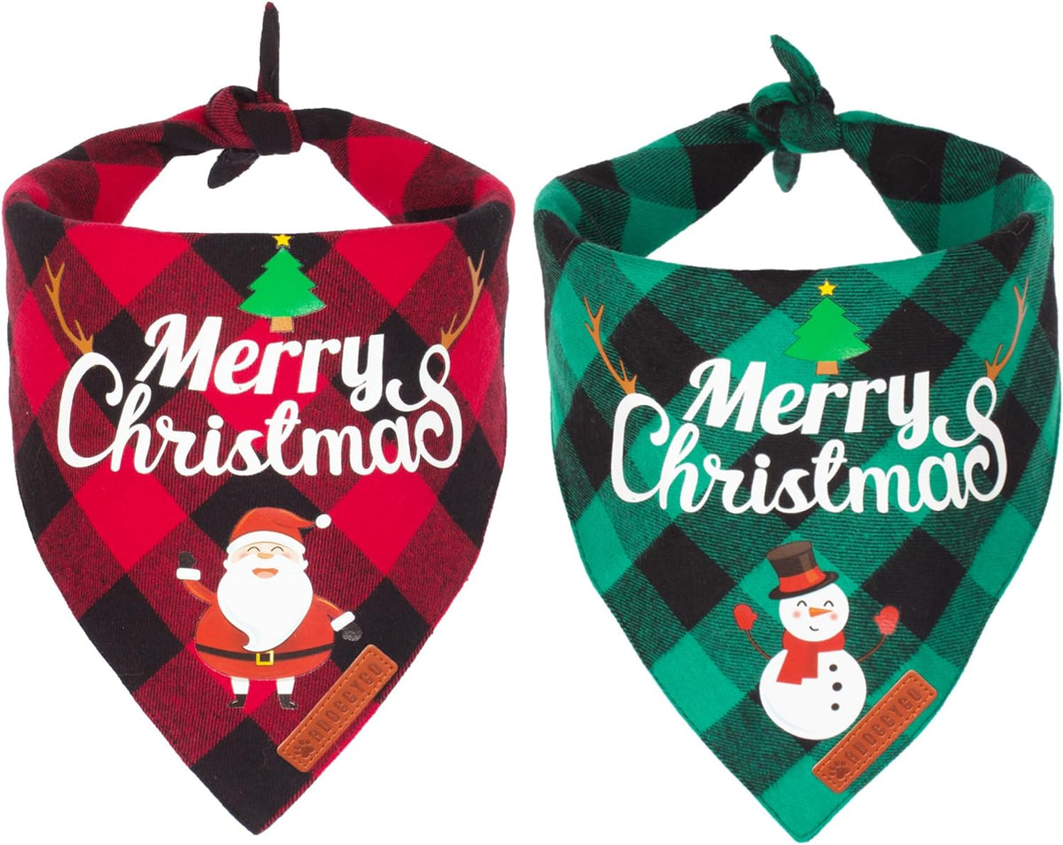 2-Pack Classic Plaid Christmas Dog Bandanas - Triangle Bibs with Santa and Snowman Design for Medium to Large Pets