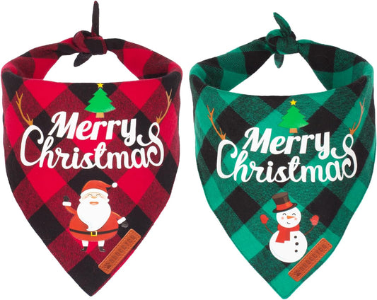 2-Pack Classic Plaid Christmas Dog Bandanas - Triangle Bibs with Santa and Snowman Design for Medium to Large Pets