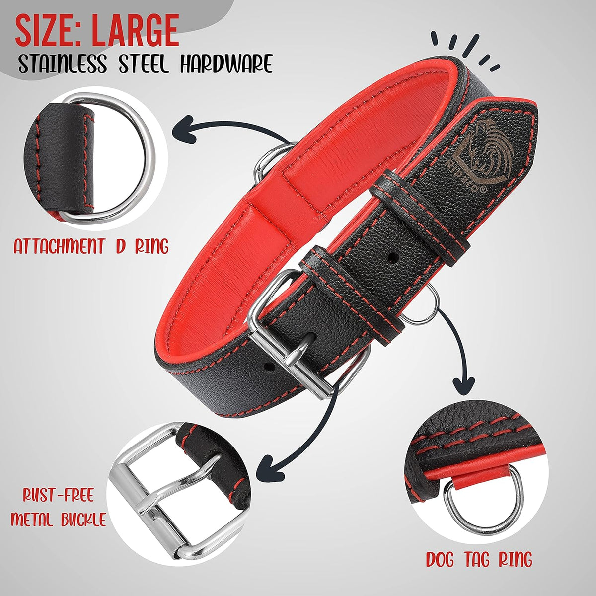 Riparo Genuine Leather Dog Collar for Medium Dogs - 1" Wide, Fits Neck Sizes 13.5”-17.5”, Black with Red Thread
