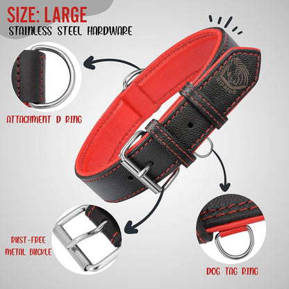 Riparo Genuine Leather Dog Collar for Medium Dogs - 1" Wide, Fits Neck Sizes 13.5”-17.5”, Black with Red Thread