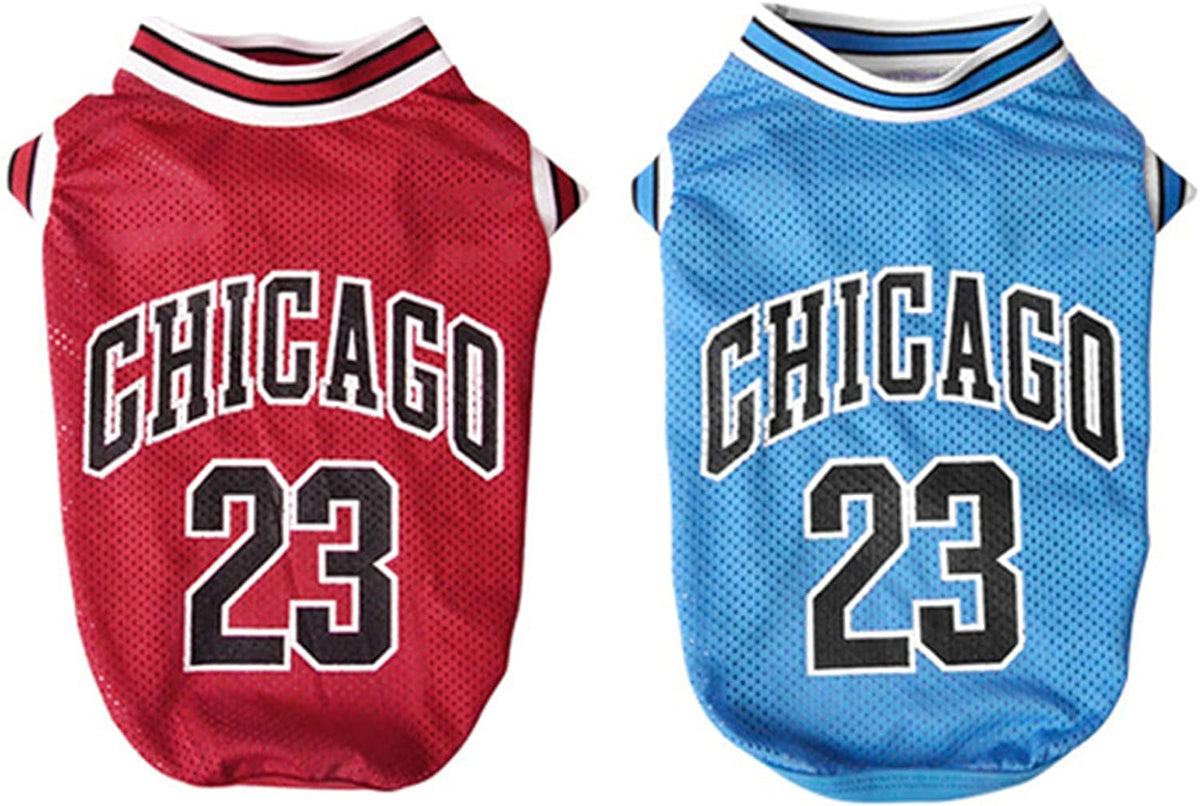Dog Basketball Jersey - Stylish Cotton T-Shirt for Large, Medium, and Small Dogs, Including Chihuahuas and Yorkies, in Blue and Red, Size Large (Back: 13.78 in, Chest: 18.9 in)