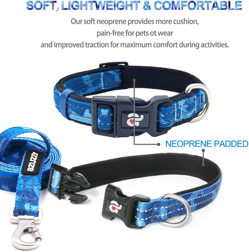 Reflective Blue Camo Dog Collar and Leash Set with AirTag Holder, Padded for Small Dogs