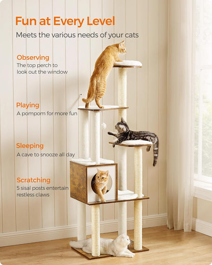 64.6-Inch Multi-Level Cat Tree with Five Scratching Posts