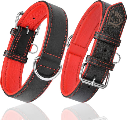 Riparo Genuine Leather Dog Collar for Medium Dogs - 1" Wide, Fits Neck Sizes 13.5”-17.5”, Black with Red Thread